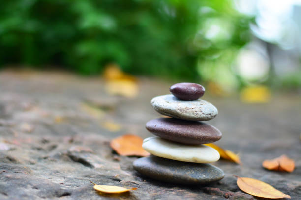 istock Zen stones and fallen leaves on rock with green bokeh background. 1013574196