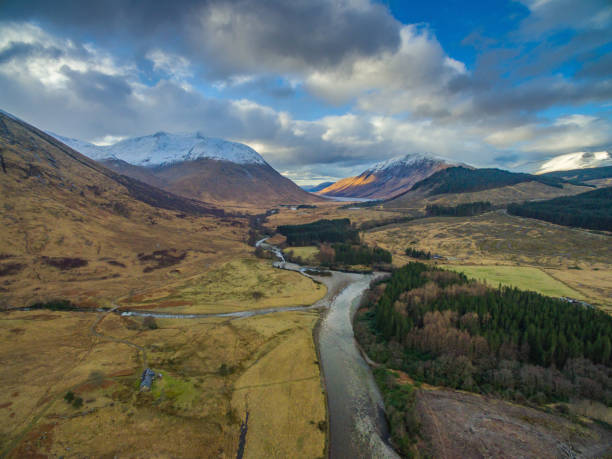 Glenceitlein Cottage and Glen Etive, Glenceitlein, Scotland. Aerial image of Glenceitlein Cottage and Glen Etive, Glenceitlein, Scotland. etive river photos stock pictures, royalty-free photos & images