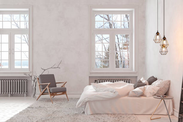 istock Scandinavian, loft interior empty white bedroom. 3d render illustration mock up. 1013606236