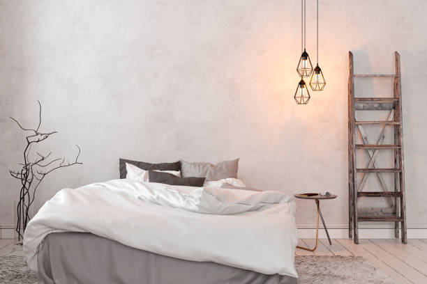 istock Scandinavian, loft interior empty white bedroom. 3d render illustration mock up. 1013606286