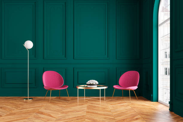 istock Modern classic green interior with lounge armchairs, coffee table and floor lamp. 3d render illustration mock up. 1013606342