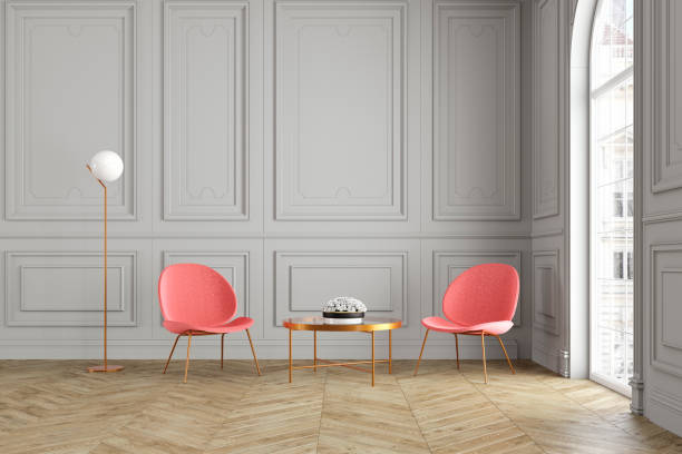 istock Modern classic gray interior with lounge armchairs, coffee table and floor lamp. 3d render illustration mock up. 1013606532