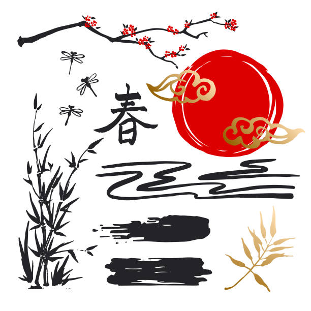 chinesische traditionelle symbole, doodle set. vektor-illustration. - golden bamboo stock-grafiken, -clipart, -cartoons und -symbole