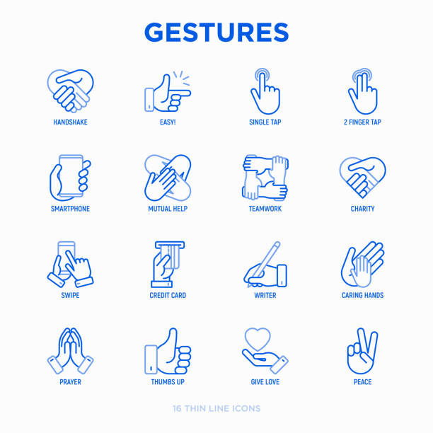 руки жесты тонкая линия значки набор: рукопожатие, легкий знак, один кран, 2 пальца крана, проведение смартфона, командная работа, взаимопомо - без усилий stock illustrations