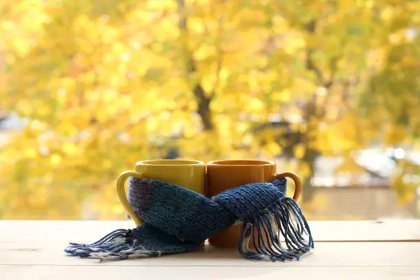two mugs tied a warming scarf on the background of the yellowed trees outside the window