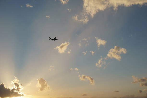 istock View of a plane gliding in blue sky 1013632230