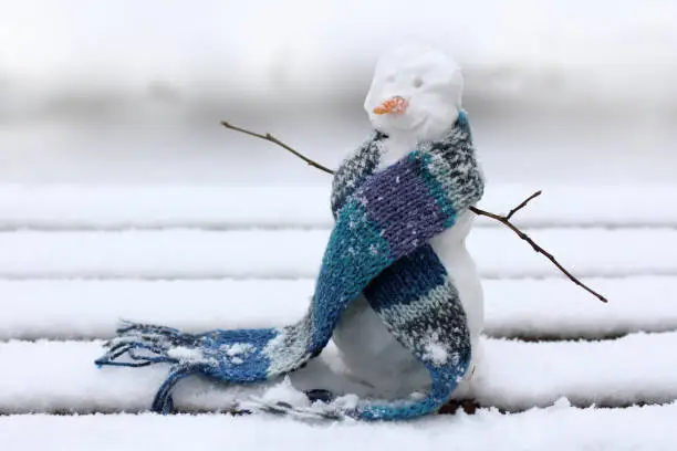 Christmas snowman in a warm scarf on the background of snowy landscape