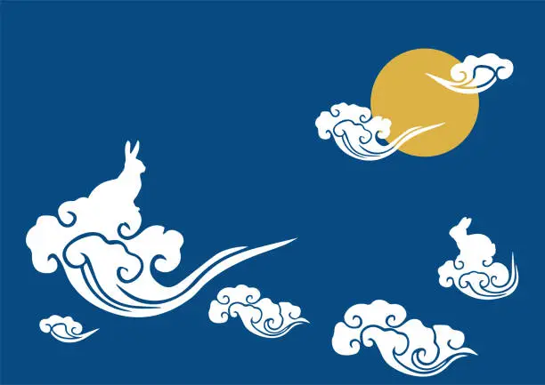 Vector illustration of Happy Mid Autumn Festival background with Moon in night sky and rabbit on cloud.