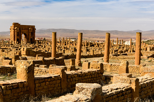 Columns of Timgad, a Roman-Berber city in the Aures Mountains of Algeria. (Colonia Marciana Ulpia Traiana Thamugadi). UNESCO World Heritage Site