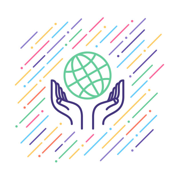 ilustrações de stock, clip art, desenhos animados e ícones de global support line icon - earth globe human hand symbols of peace