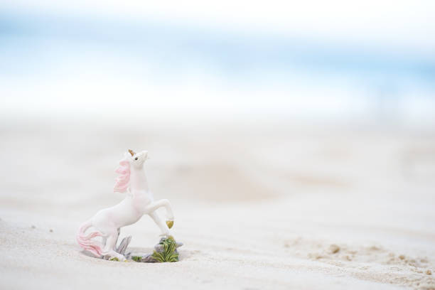 miniatura jednorożca na plaży, koncepcja fantasy - swimming animal beach casual loving zdjęcia i obrazy z banku zdjęć