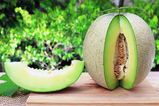 Fresh big green japan melon with sliced or cantaloupe melons on wooden board on the table in the natural garden. Fruits concept.