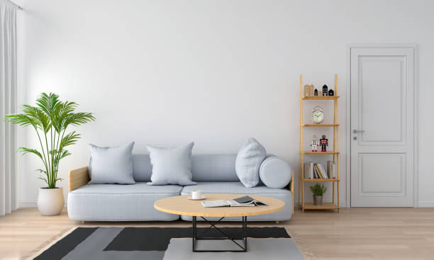 istock grey sofa in white living room, 3D rendering 1013680388