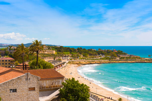 Coast of Tarragona in sunny day, Catalunya, Spain. Copy space. Space for text. Copy space for text.