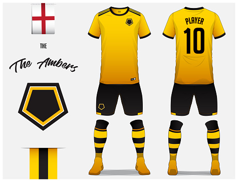 Soccer jersey or football kit template for football club. Yellow football shirt with yellow sock and black shorts mock up. Front and back view soccer uniform. Football logo and Flag label. Vector Illustration.