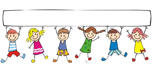 ilustrações de stock, clip art, desenhos animados e ícones de happy children and banner, group of cheerful kids on white background - computer graphic child school children small