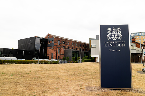 Lincoln, United Kingdom - 07/21/2018: A welcome sign into the university of Lincoln.