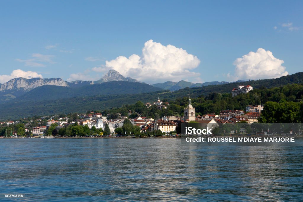 Evian seen from Lake Geneva Evian, view from Lake Geneva, Haute-Savoie, France Evian-les-Bains Stock Photo
