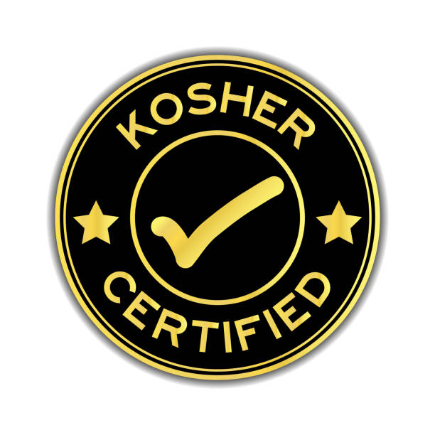 Black and gold color kosher certified word round seal sticker on white background Black and gold color kosher certified word round seal sticker on white background kosher logo stock illustrations