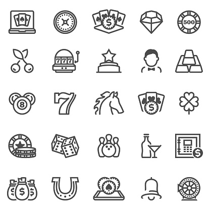 Gambling Games Line Icons with online games, cards, casino roulette and dices icons