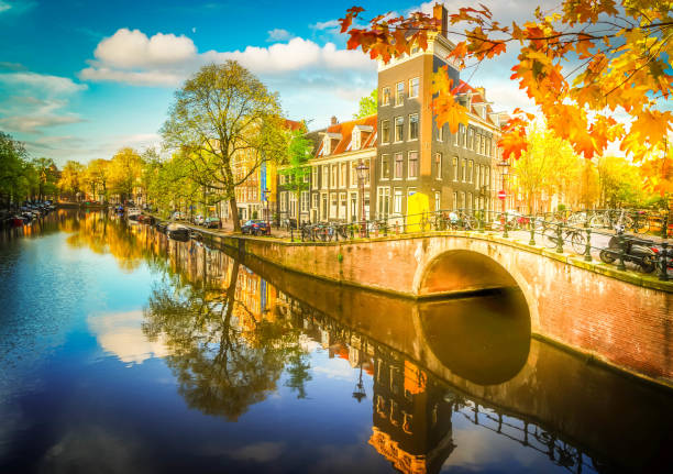 Dutch fall scenery with canal and mirror reflections, Amstardam, Netherlands