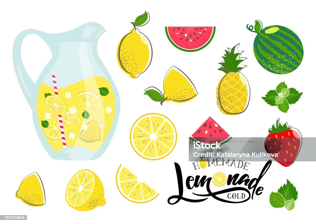 lemonade summer set Lemonade vector set. Illustration of  lemon, pitcher with ice cubes and lemon slice, mint, watermelon, pineaple, sliced red melon. Hand written lettering lemonade. Fresh summer fruit drink. Lemon juice. Lemonade stock vector