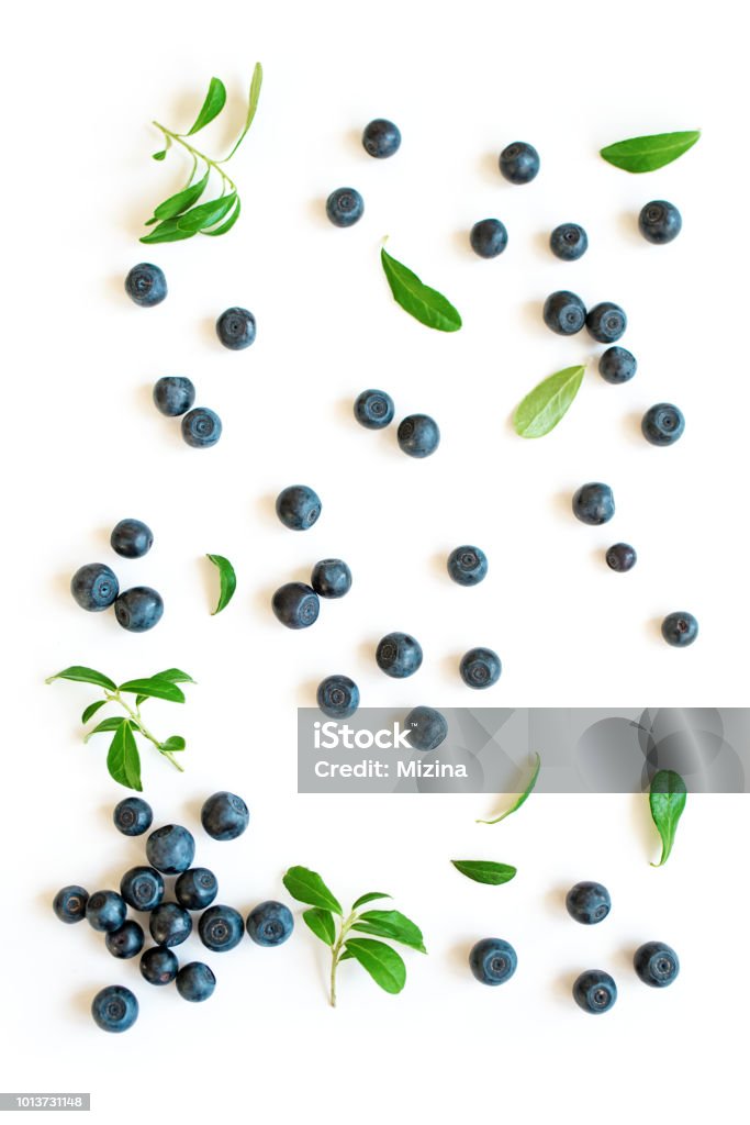 Fresh blueberries with leaves Fresh blueberries with green leaves leaves, organic blueberry pattern isolated on white background, top view. Blueberry Stock Photo