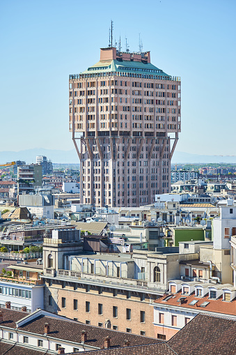 Photo of the Torre Velasca Tower in the city of Milan, Italy. The tower was designed by BBPR in the 50s