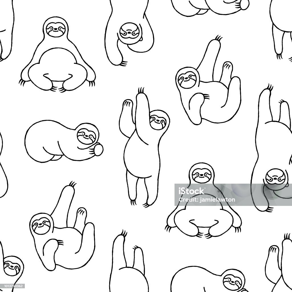 Seamless Hand-Drawn Sloth Pattern Sloths have taken over pop culture and this hand-drawn seamless sloth pattern will make an idea background for your design project. The black and white illustration is full of character and the different sloths are split onto clearly labelled layers. The illustrator 10 vector file can be coloured and customized to suit your needs and scaled infinitely without any loss of quality. Sloth stock vector