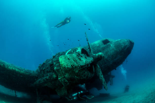 Airplane Wreck at Kas, Turkey Picture shows a Dakota C47 Airplane Wreck at Kas, Turkey sunken stock pictures, royalty-free photos & images
