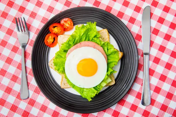 High angle view of egg sandwich served on the dining table. Concept of healthy breakfast