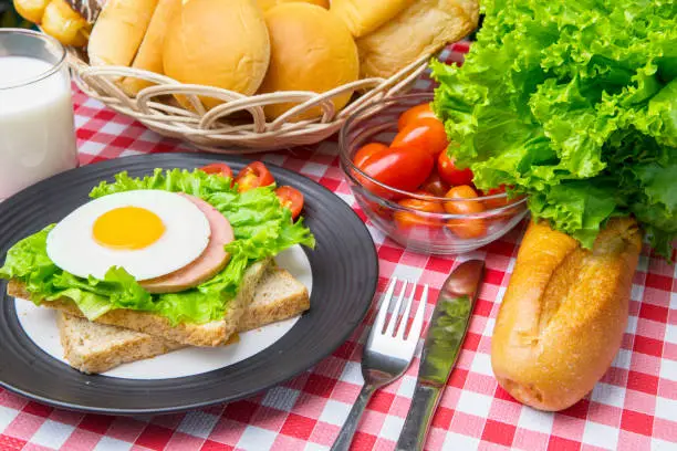 Image of a homemade egg sandwich with assorted breads and milk on the dining table