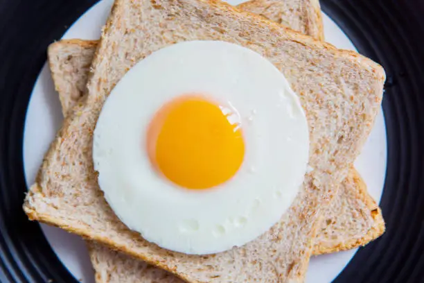 High angle view of fried egg and wheat breads served on the plate. Concept of healthy breakfast