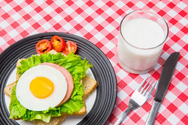 Image of healthy breakfast with glass of milk and egg sandwich on the dining table