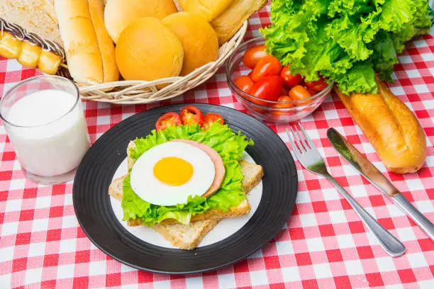 Image of tasty egg sandwich served with milk and assorted breads on the dining table