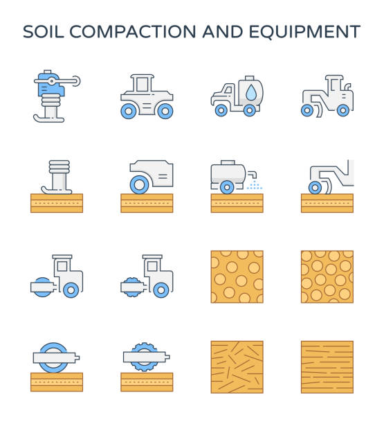 토양 압축 아이콘 - construction machinery machine industrial equipment grader stock illustrations