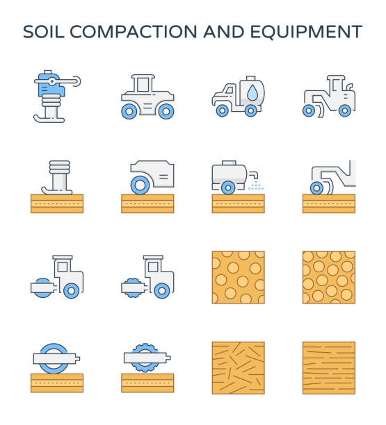 soil compaction icon Soil compaction and equipment icon set, editable stroke. water truck stock illustrations