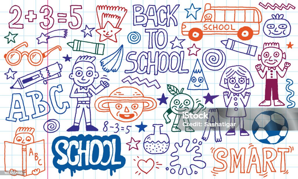 Back To School Funny Doodle Set 1. Colored Lines School Notebook In A Cage. Awe stock vector