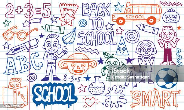 Back To School Funny Doodle Set 1 Colored Lines School Notebook In A Cage Stock Illustration - Download Image Now