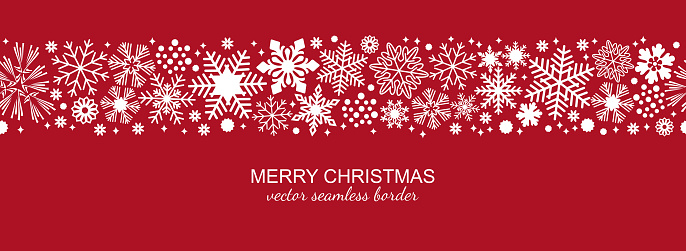 White and red seamless snowflake border, Christmas design for greeting card. Vector illustration, merry xmas snow flake header or banner, wallpaper or backdrop decor