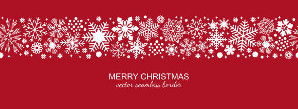 White and red seamless snowflake border, Christmas White and red seamless snowflake border, Christmas design for greeting card. Vector illustration, merry xmas snow flake header or banner, wallpaper or backdrop decor snowflake shape borders stock illustrations