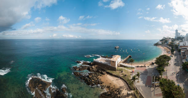 Aerial panoramic view of the beach of Porto da Barra in Salvador Aerial panoramic view of the beach of Porto da Barra in Salvador barra beach stock pictures, royalty-free photos & images