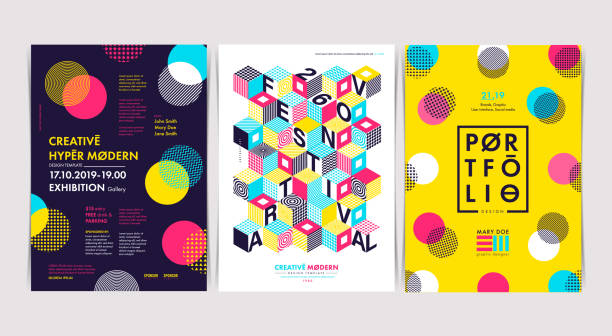 Set of Flyer templates with geometric shapes and patterns, 80s trendy geometric style. Vector illustrations.