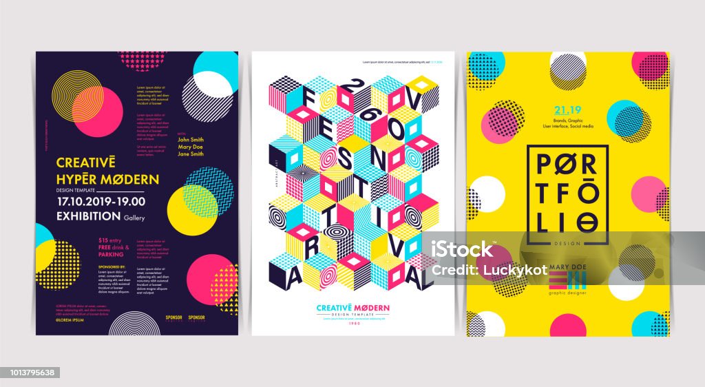 Set of Flyer templates with geometric shapes and patterns, 80s trendy geometric style. Vector illustrations. Poster stock vector