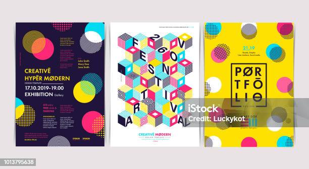 Set Of Flyer Templates With Geometric Shapes And Patterns 80s Trendy Geometric Style Vector Illustrations Stock Illustration - Download Image Now