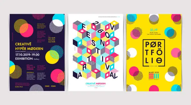 Vector illustration of Set of Flyer templates with geometric shapes and patterns, 80s trendy geometric style. Vector illustrations.