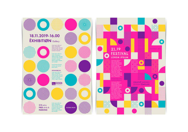 Set of Flyer templates with geometric shapes and patterns, 80s trendy geometric style. Vector illustrations. Set of Flyer templates with geometric shapes and patterns, 80s trendy geometric style. Vector illustrations. outdated technology stock illustrations