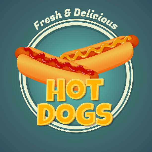 Fresh and delicious hot dogs poster. Two hot dogs with ketchup and mustard. Vector icon. Fast food illustration for poster, menu, label, sign. Two fresh and delicious hot dogs with ketchup and mustard. Blue background. vienna sausage stock illustrations