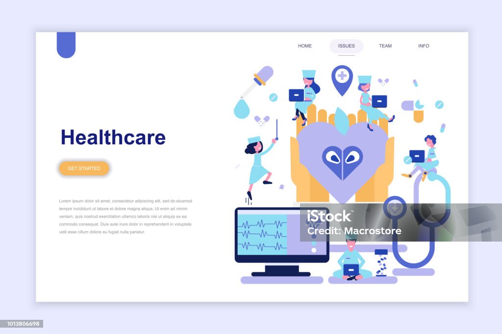 Landing page template of medicine and healthcare modern flat design concept. Landing page template of medicine and healthcare modern flat design concept. Learning and people concept. Conceptual flat vector illustration for web page, website and mobile website. Healthcare And Medicine stock vector