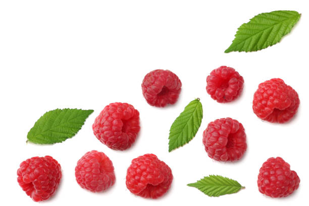 istock ripe raspberries with green leaf isolated on white background. top view 1013807010